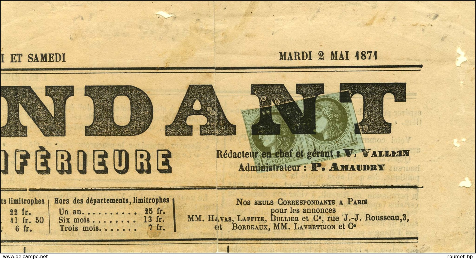Oblitération Typo / N° 39 Paire (def) Sur Fragment De Journal. 1871. - TB. - 1870 Uitgave Van Bordeaux