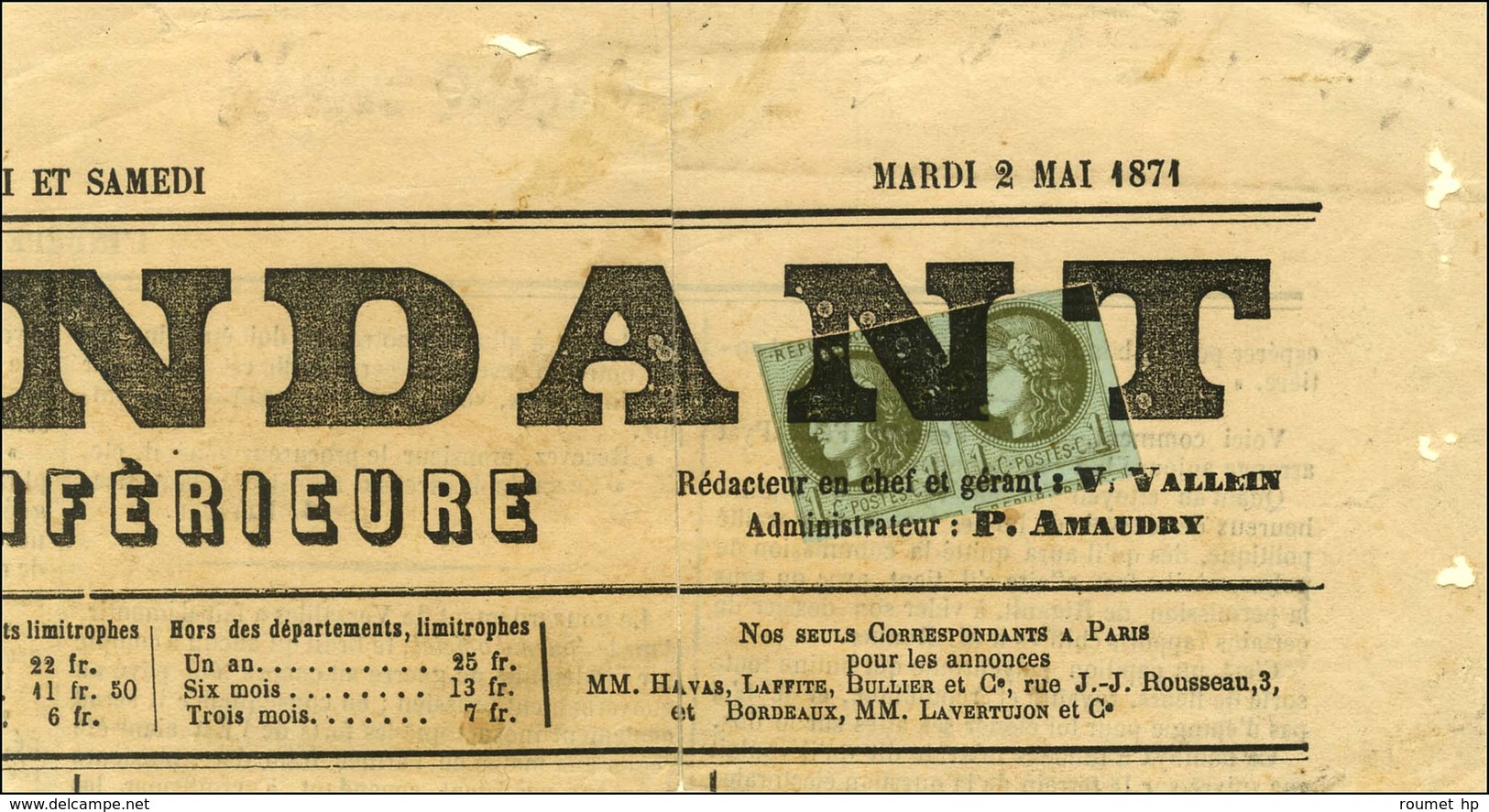 Oblitération Typo / N° 39 Paire (def) Sur Fragment De Journal. 1871. - TB. - 1870 Emissione Di Bordeaux