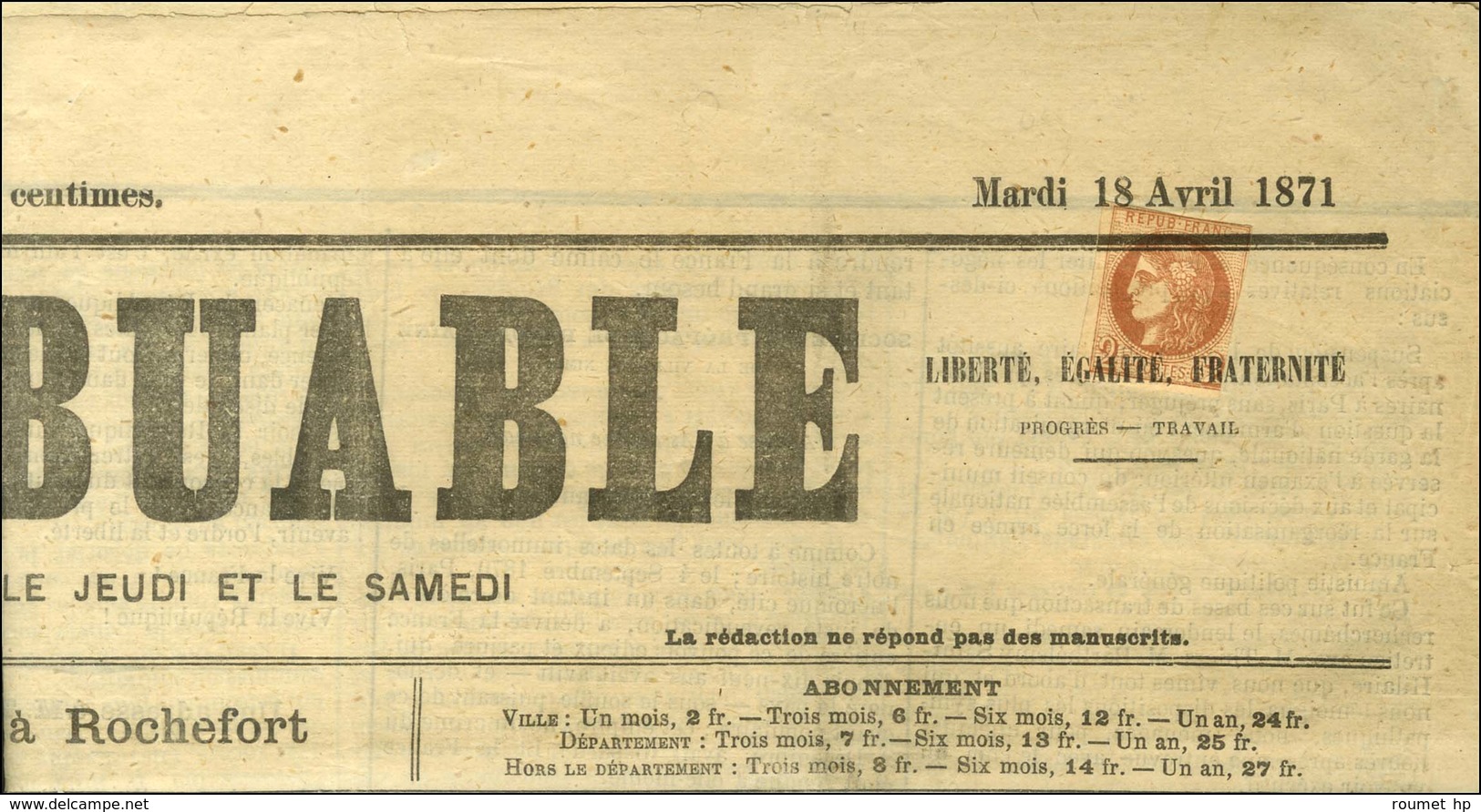 Oblitération Typo / N° 40 (def) Sur Journal Entier LE CONTRIBUABLE Du Mardi 18 Avril 1871. - TB. - R. - 1870 Emissione Di Bordeaux