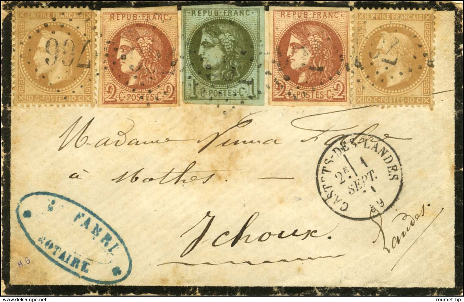 GC 766 / N° 28 (2) (1 Ex Pd) + 39 + 40 (2) Càd T 16 CASTETS-DES-LANDES 1 SEPT. 71 Sur Lettre Pour Ychoux. Bel Affranchis - 1870 Bordeaux Printing