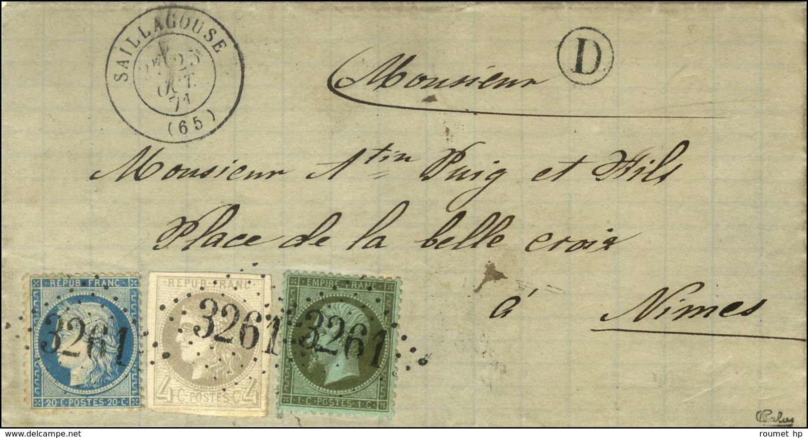 GC 3261 / N° 19 + 37 + 41 Càd T 17 SAILLAGOUSE (65) 25 OCT. 71 B. RUR. D. Bel Affranchissement Avec 1c Empire Dentelé. - - 1870 Ausgabe Bordeaux