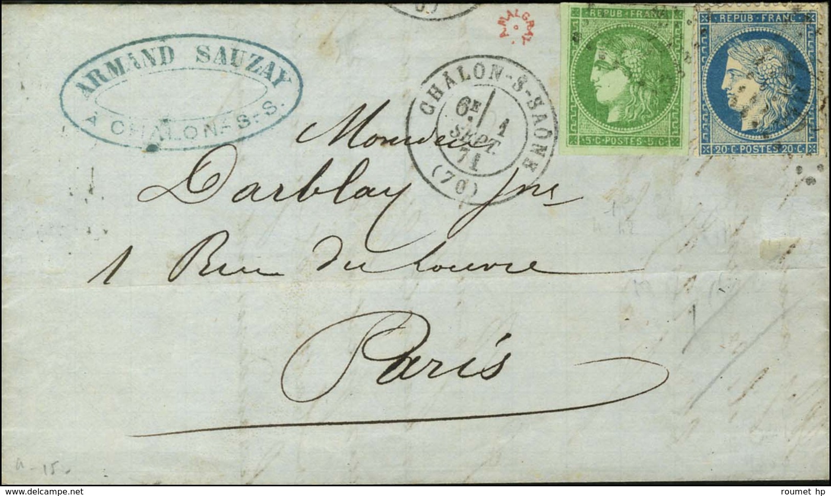 GC 842 / N° 37 + 42 Càd CHALON-S-SAONE (70) 1 SEPT. 71 Sur Lettre Pour Paris, 1er Jour Du Changement De Tarif. - SUP. -  - 1870 Bordeaux Printing