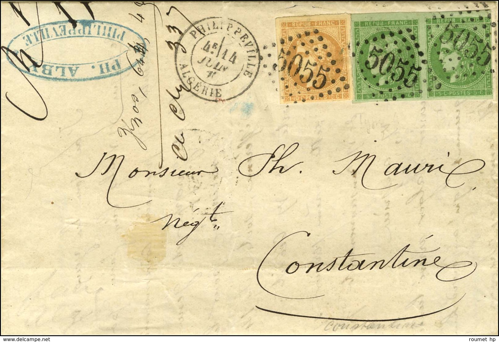 GC 5055 / N° 42 Paire (1 Ex Filet à Peine Effleuré) + 43 Càd PHILIPPEVILLE / ALGERIE 14 JUIN 71 Sur Lettre Avec Texte Po - 1870 Ausgabe Bordeaux