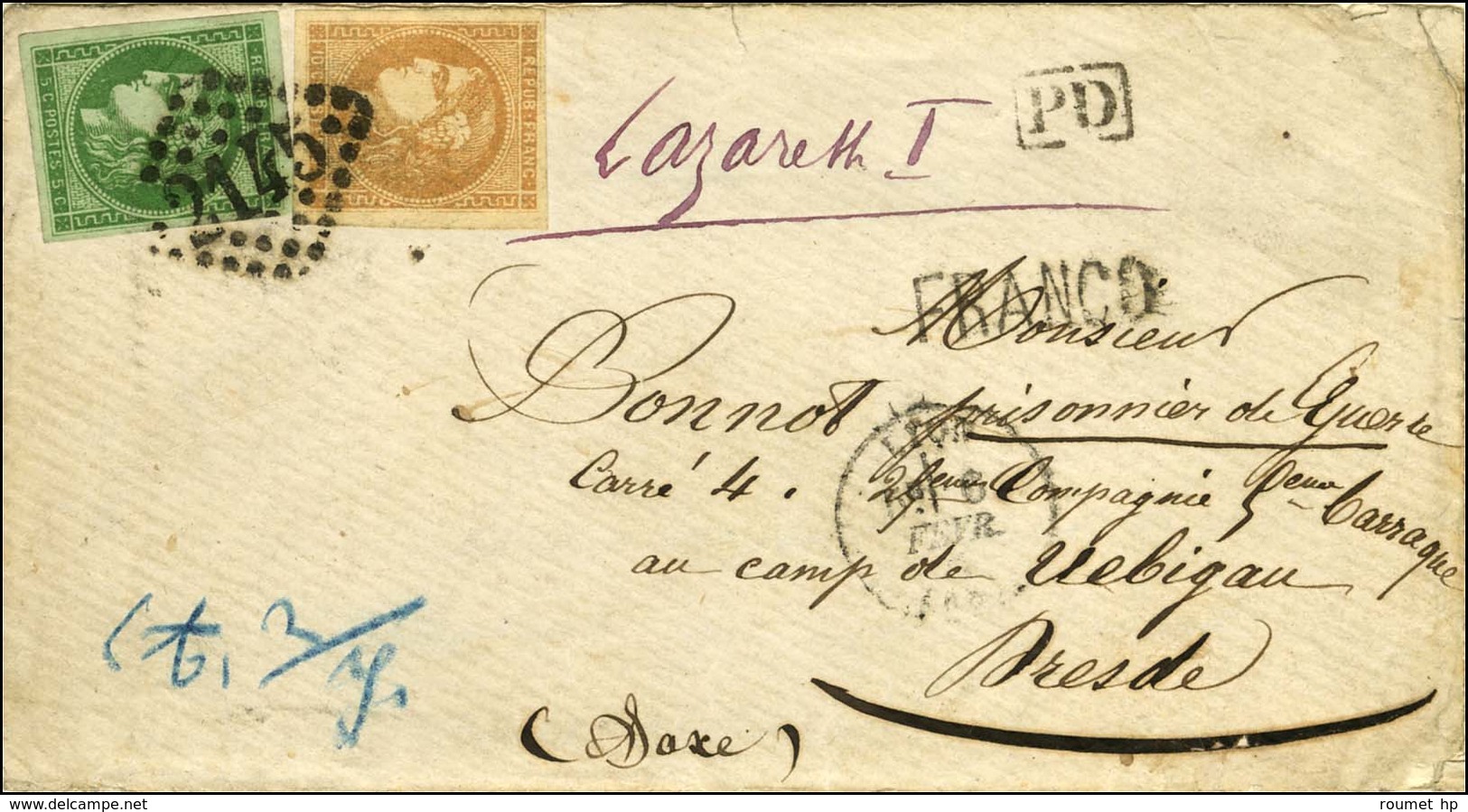 GC 2145 / N° 42 + 43 Càd T 16 LYON (68) 6 FEVRIER 71 Sur Lettre Avec Texte Adressé Au Tarif Préférentiel à 15c à Un Pris - 1870 Emission De Bordeaux