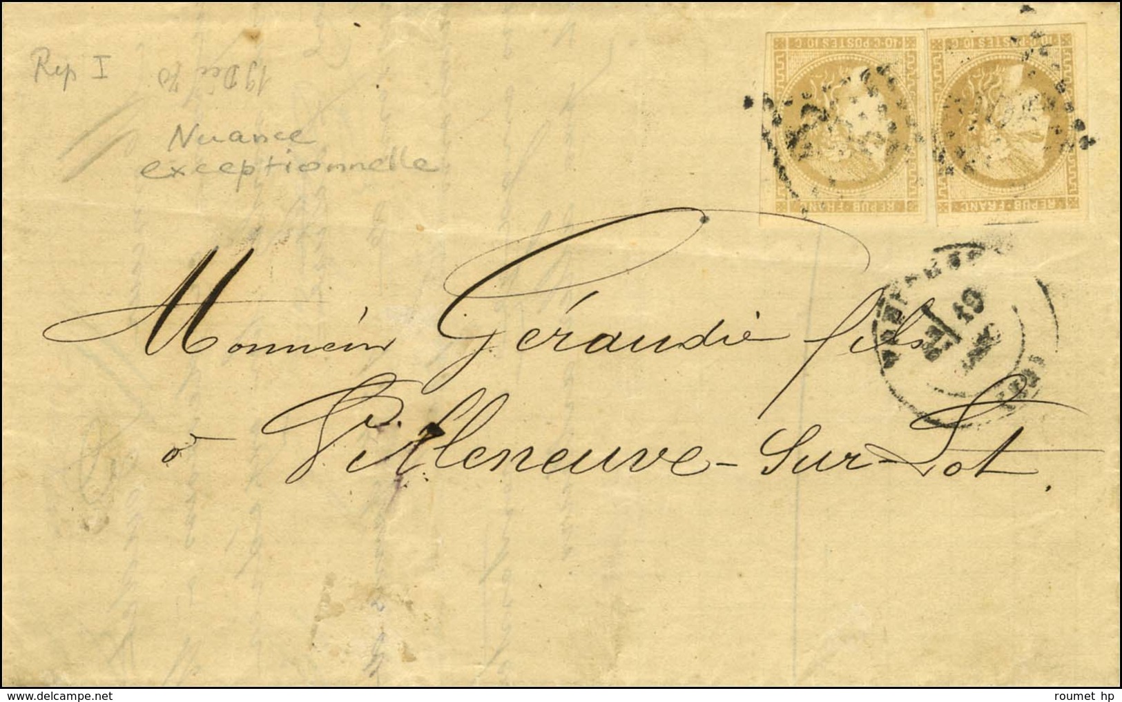 GC 3982 / N° 43 (2 Dont 1 Ex Def) Bistre Verdâtre Càd T 17 TOULOUSE (30) 19 DEC. 70 Sur Lettre Pour Villeneuve Sur Lot.  - 1870 Bordeaux Printing