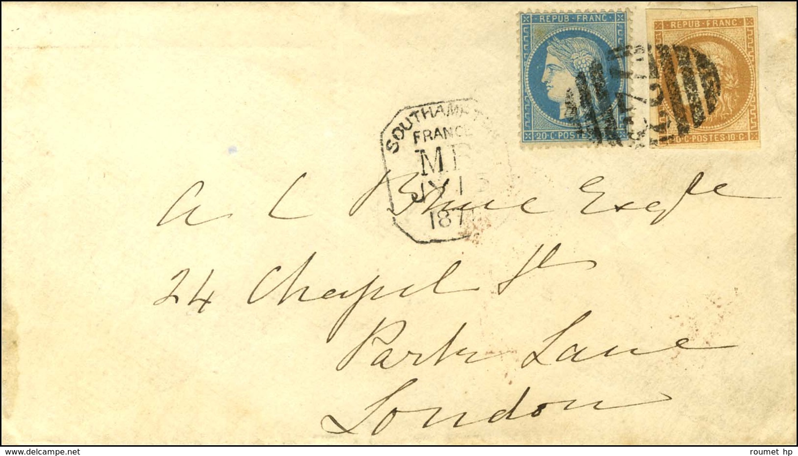 KILLER 723 / N° 37 + 43 (filet Effleuré) Cachet SOUTHAMPTON / FRANCE / MB Sur Lettre Du Grand Hôtel De Cherbourg, Cachet - 1870 Uitgave Van Bordeaux