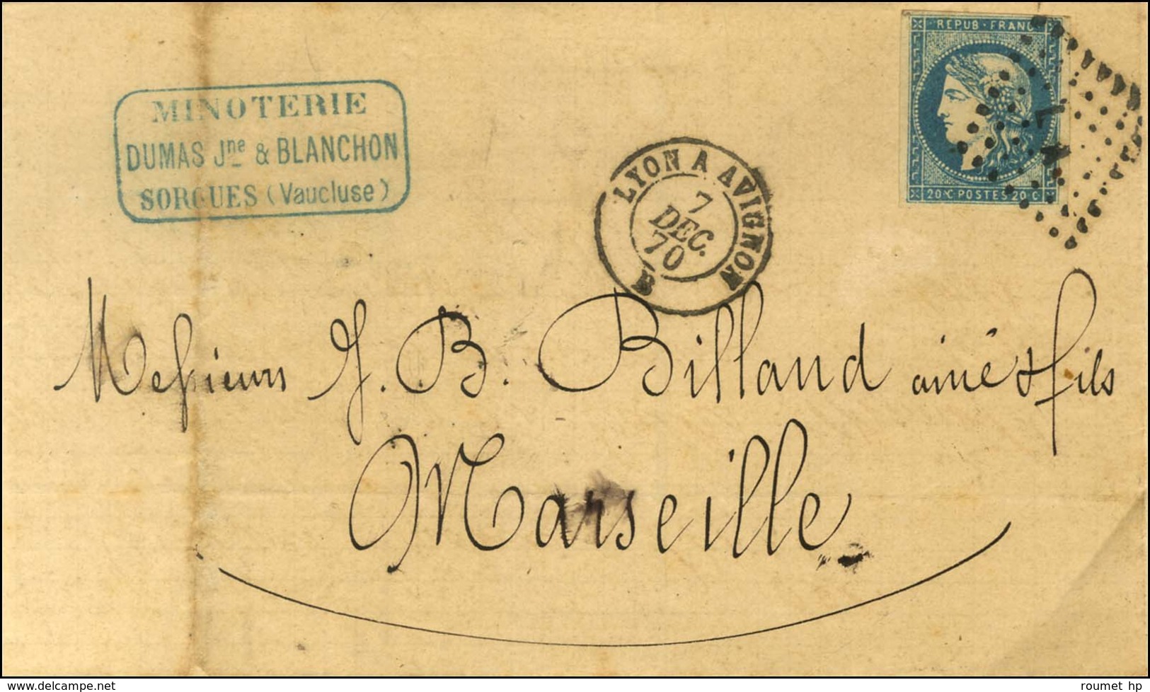 Losange LA / N° 44 Type 2 Càd LYON A AVIGNON 7 DEC. 70 Sur Lettre De Sorgues Pour Marseille. - TB / SUP. - R. - 1870 Bordeaux Printing