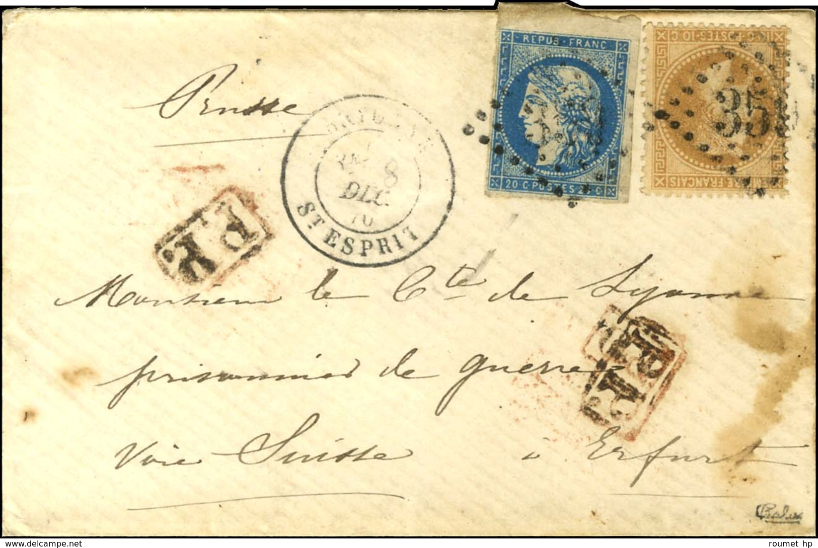 GC 359 / N° 28 + 44 Type 1 Bdf Càd BAYONNE / ST ESPRIT 8 DEC. 70 Sur Lettre Pour Un Prisonnier De Guerre à Erfurt Par La - 1870 Ausgabe Bordeaux