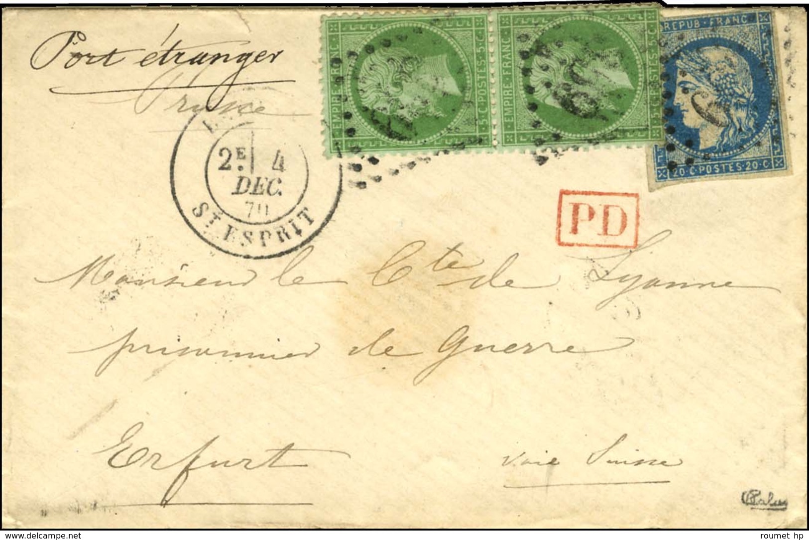 GC 359 / N° 20 Paire + 44 Type 1 Càd BAYONNE / ST ESPRIT 4 DEC. 70 Sur Lettre Pour Un Prisonnier De Guerre à Erfurt Par  - 1870 Bordeaux Printing