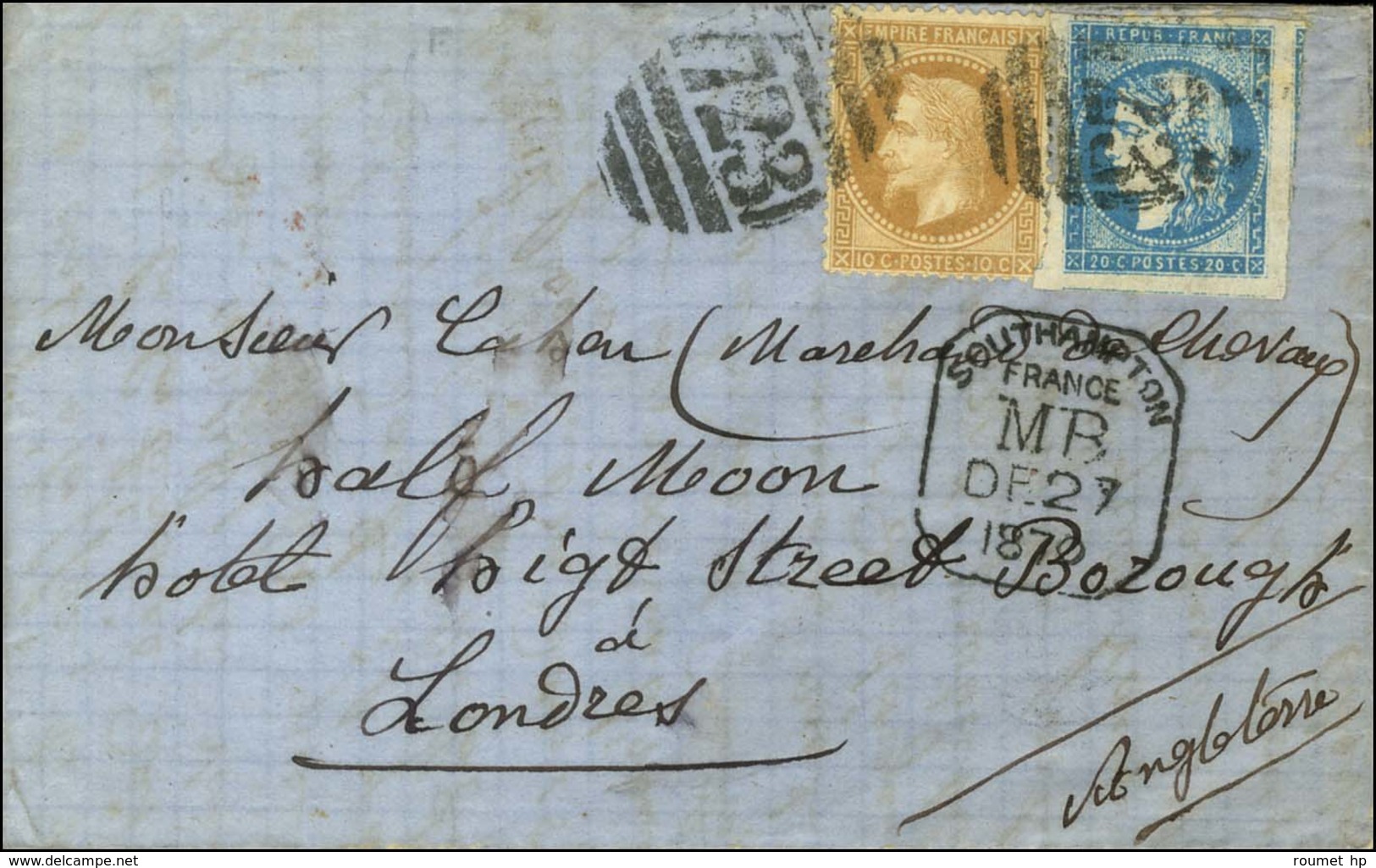 KILLER 723 / N° 28 + 44 Type 1 Marges Exceptionnelles Cachet SOUTHAMPTON / FRANCE / MB / DE27 / 1870 Sur Lettre Avec Tex - 1870 Uitgave Van Bordeaux