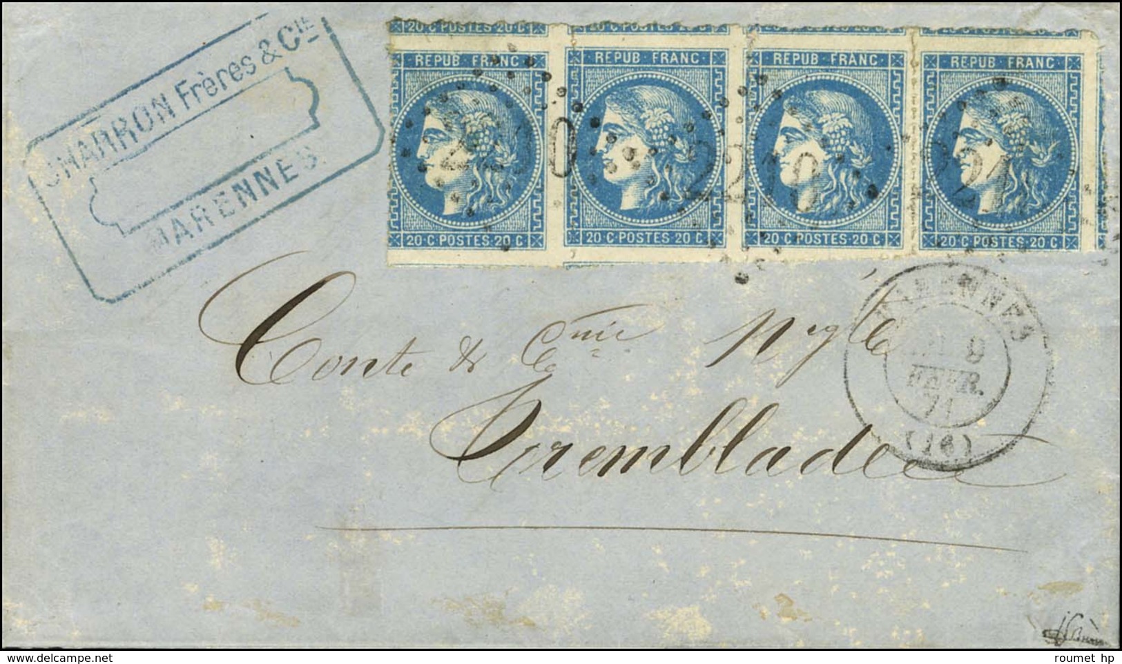 GC 2210 / N° 46 Bande De 4 Avec Piquage De Marennes Càd T 17 MARENNES (16) 9 FEVR. 71 Sur Lettre Avec Texte De Marennes  - 1870 Bordeaux Printing