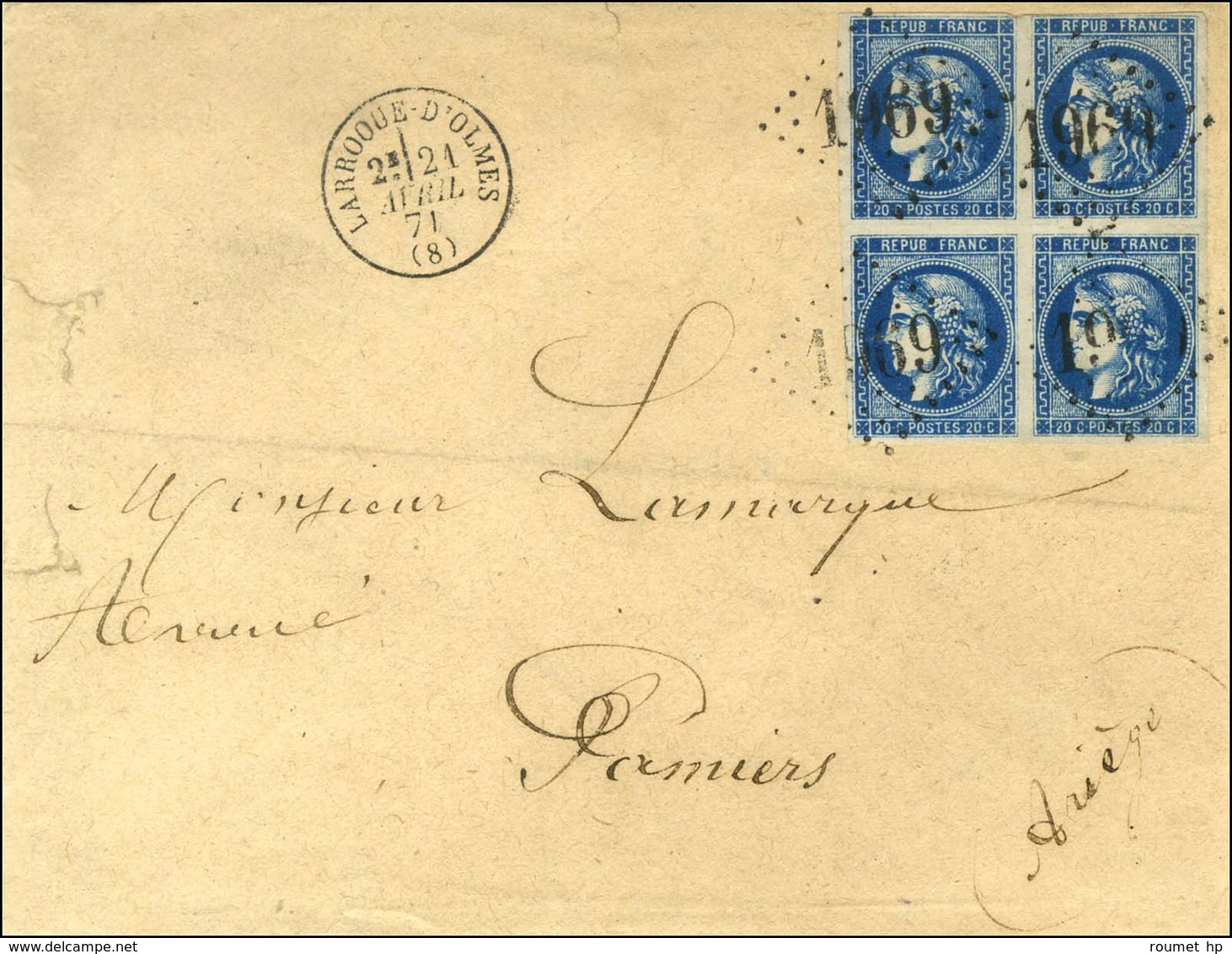 GC 1969 / N° 46 Bloc De 4 Nuance Exceptionnelle Bleu Très Foncé (1 Ex Filet à Peine Effleuré) Càd T 16 LAROQUE-D'OLMES ( - 1870 Bordeaux Printing