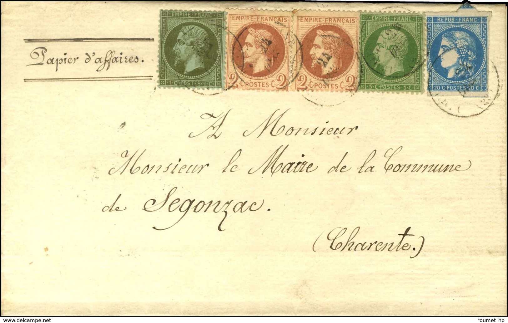 Càd / N° 19 + 20 + 26 (2) + 46 (def) Sur Papier D'affaires Pour Segonzac. Au Verso, Càd D'arrivée 26 DEC. 71. - TB. - R. - 1870 Bordeaux Printing