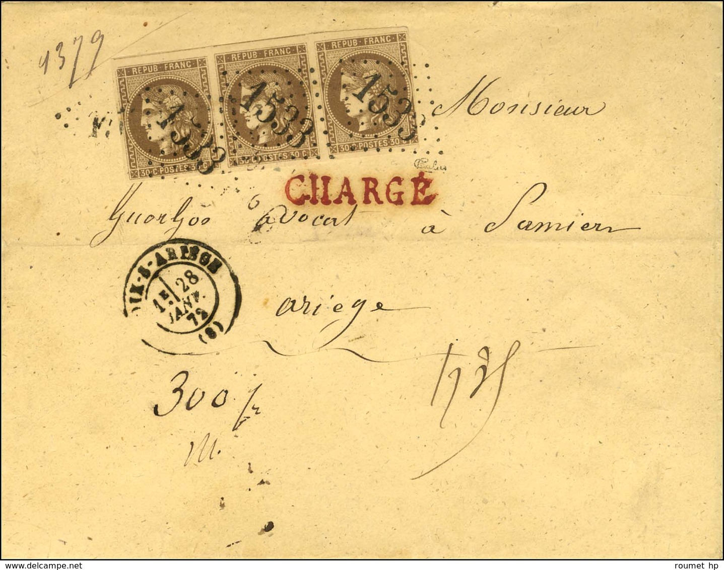 GC 1533 / N° 47 Bande De 3 (1 Ex Pd) Càd T 17 FOY-S-ARIEGE (8) 28 JANV. 72 Sur Lettre Chargée Pour Pamiers. - SUP. - R. - 1870 Ausgabe Bordeaux