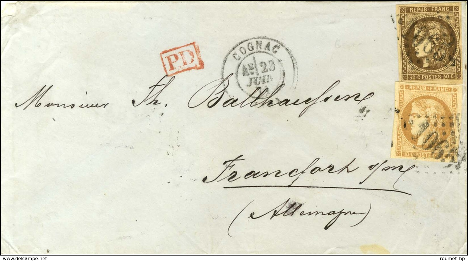 GC 1065 / N° 43 + 47 Càd T 17 COGNAC (15) 23 JUIN 71 Sur Lettre Pour Francfort. - TB / SUP. - R. - 1870 Uitgave Van Bordeaux