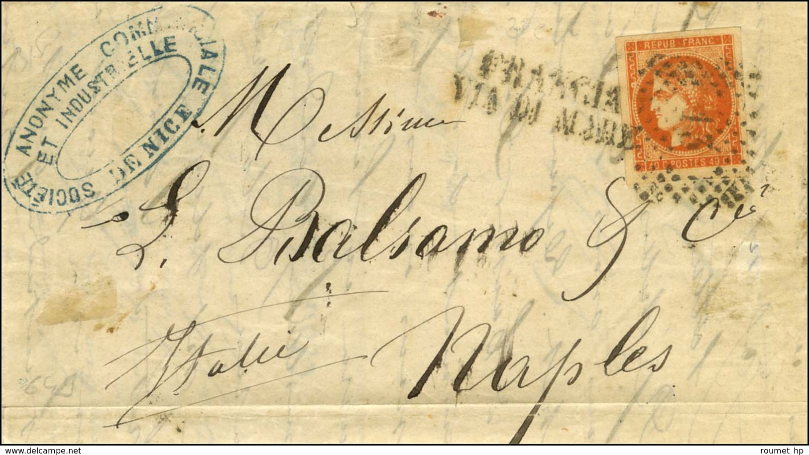 GC Italien 13 / N° 48 Superbes Marges Sur Lettre De Nice Datée Du 12 Janvier 1871 Pour Naples. Au Recto, Griffe FRANCIA  - 1870 Emissione Di Bordeaux