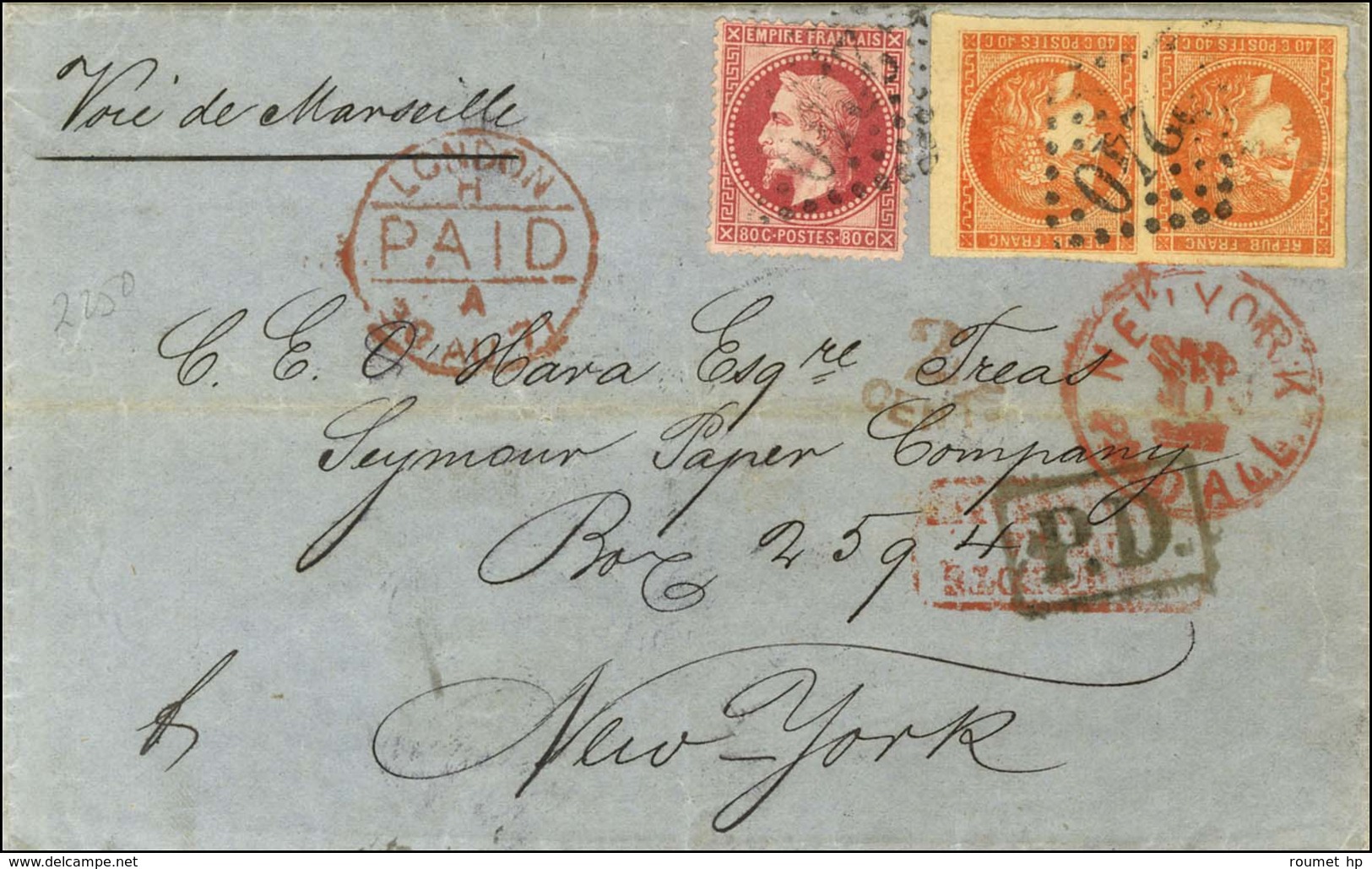 GC 2240 / N° 32 + 48 Paire Bdf Superbes Marges Sur Lettre Pour New York. Au Recto, Càd De Passage LONDON / PAID Et Càd D - 1870 Bordeaux Printing