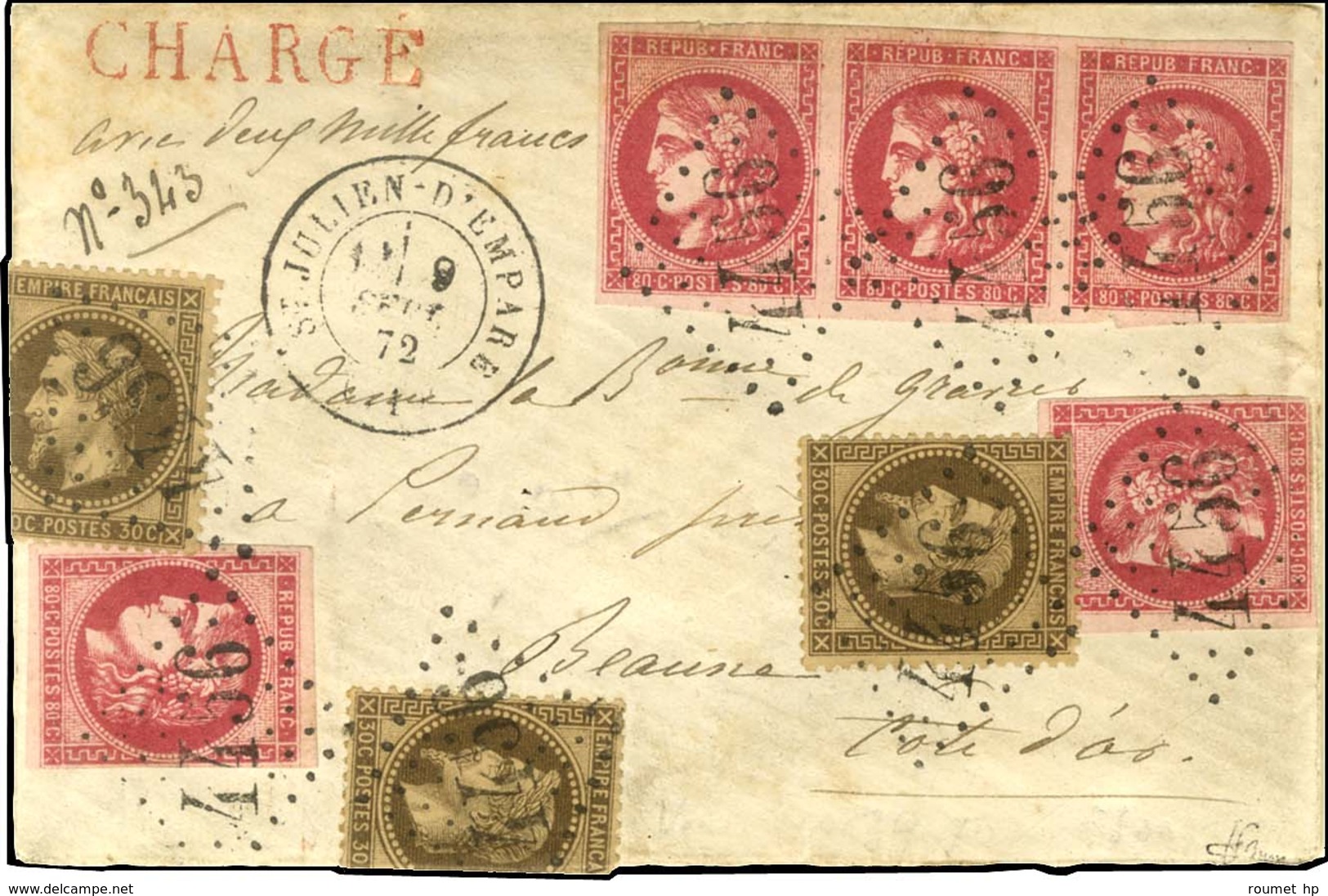 GC 4456 / N° 30 (3 Dont 2 Ex Pli) + 49 Rose Carminé Vif (2 Ex + 1 Bande De 3) Très Belles Marges Càd T 17 ST JULIEN D'EM - 1870 Bordeaux Printing