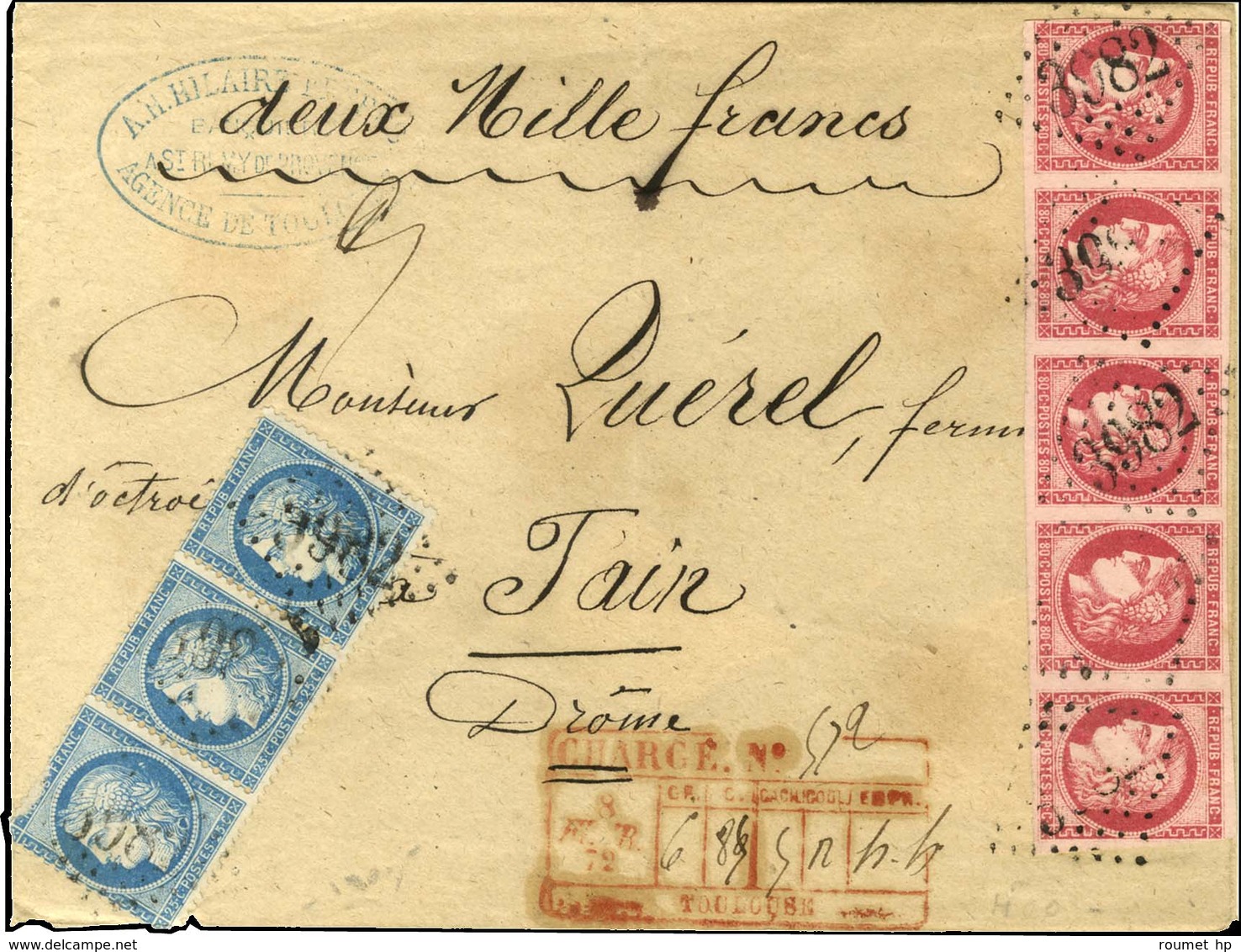 GC 3982 / N° 49 Bande De 5 (1 Ex Filet Effleuré) + 60 Bande De 3 (1 Ex Def) Descriptif De Chargement Rouge Au Recto TOUL - 1870 Uitgave Van Bordeaux