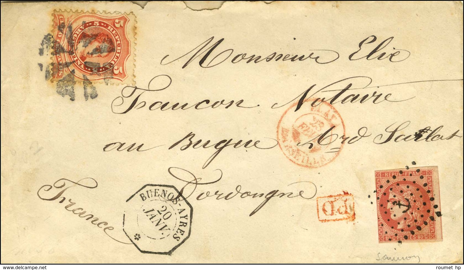 Argentine 5c Obl + Ancre / N° 49 Nuance Saumon Def Càd Octo BUENOS AYRES / * 20 JANV. (71) Sur Lettre En Affranchissemen - Poste Maritime