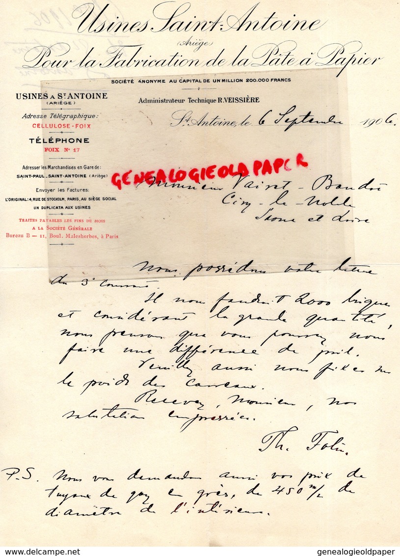 09- FOIX- SAINT ANTOINE- USINES FABRICATION ST ANTOINE -PATE A PAPIER-PAPETERIE-R. VEISSIERE- 1906 - Druck & Papierwaren
