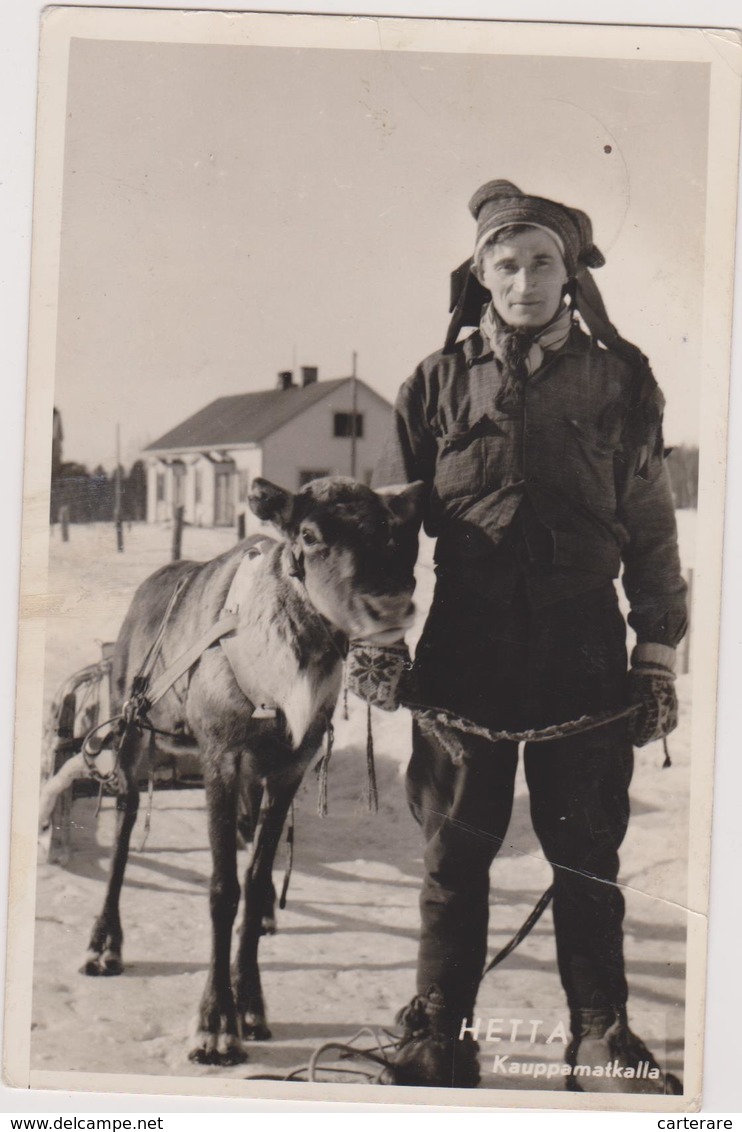 Carte Photo ,1956,laponie,finlande ,hetta  Kauppamatkalla,habitant Se Déplaçant En Traineau,avec Animal - Finlandia