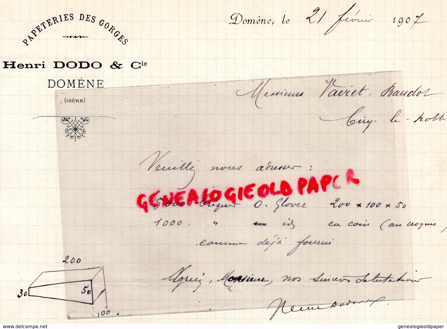 38- DOMENE- RARE LETTRE MANUSCRITE SIGNEE HENRI DODO-PAPETERIES DES GORGES- PAPETERIE-1907 - Druck & Papierwaren