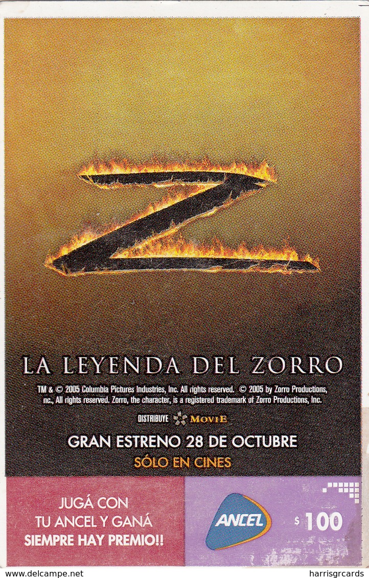 URUGUAY - The Legend Of Zorro , 100 $ , ANCEL Maxi GSM Refill Card, Used - Uruguay