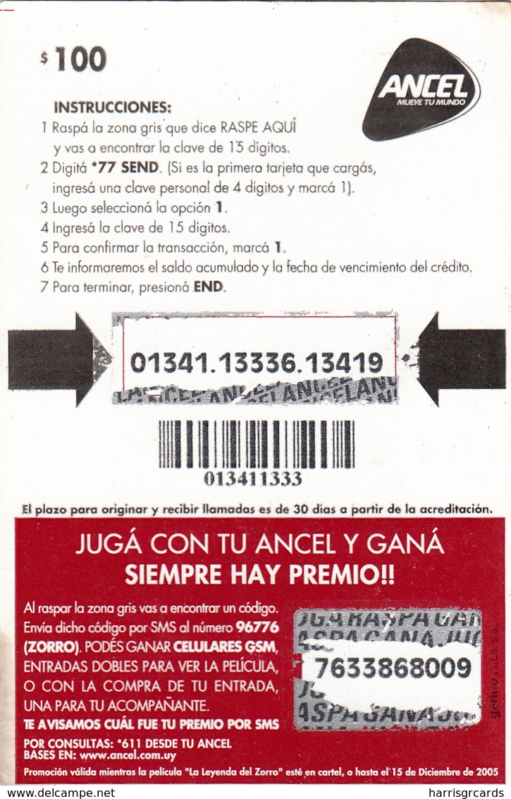 URUGUAY - The Legend Of Zorro , 100 $ , ANCEL Maxi GSM Refill Card, Used - Uruguay