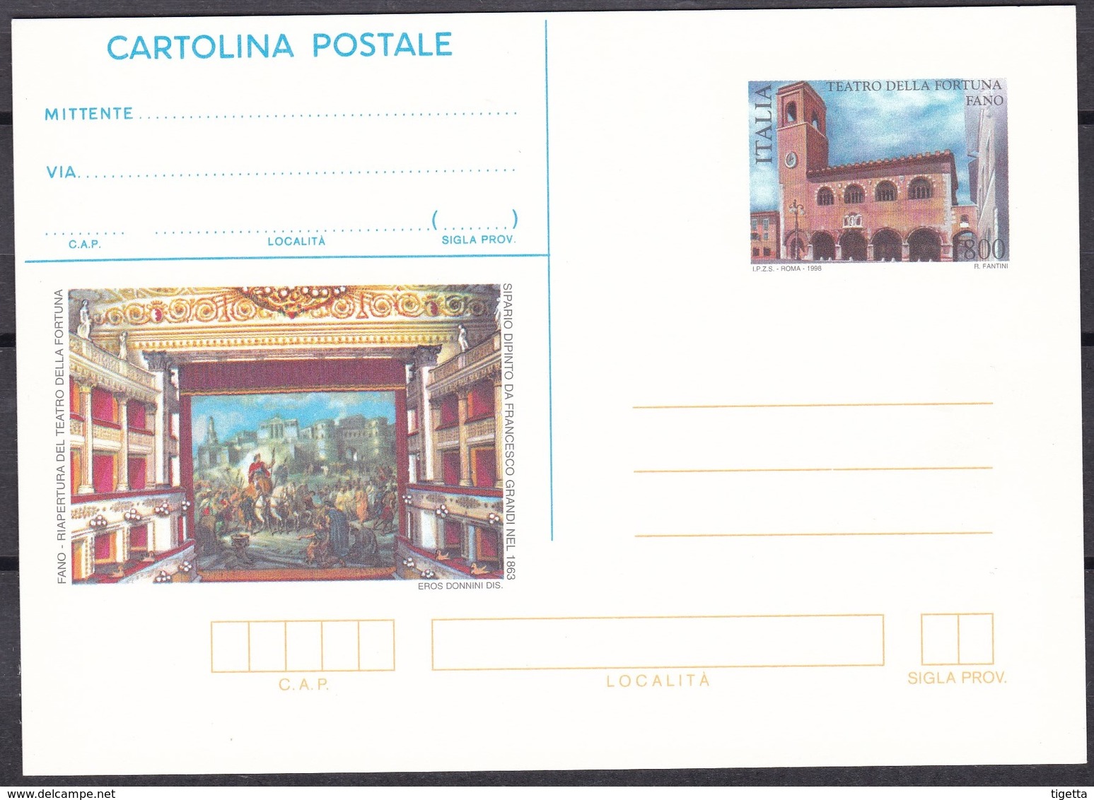 ITALIA REPUBBLICA CARTOLINA POSTALE  TEATRO DELLA FORTUNA FANO  ANNO 1998 - Interi Postali