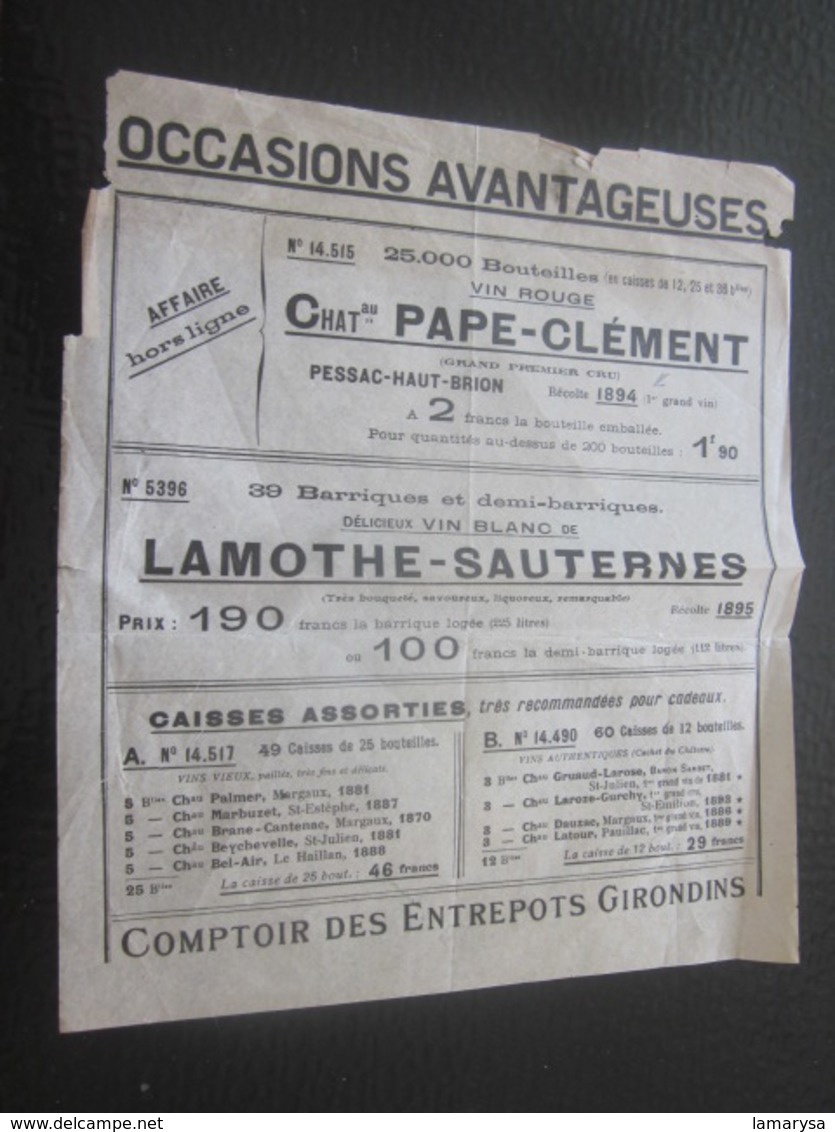 Vintage Récolte 1894 Publicité Ventes Vin Spiritueux Château Pape-Clément-Pessac-Lamothe-Sauternes Document Commercial - Publicités