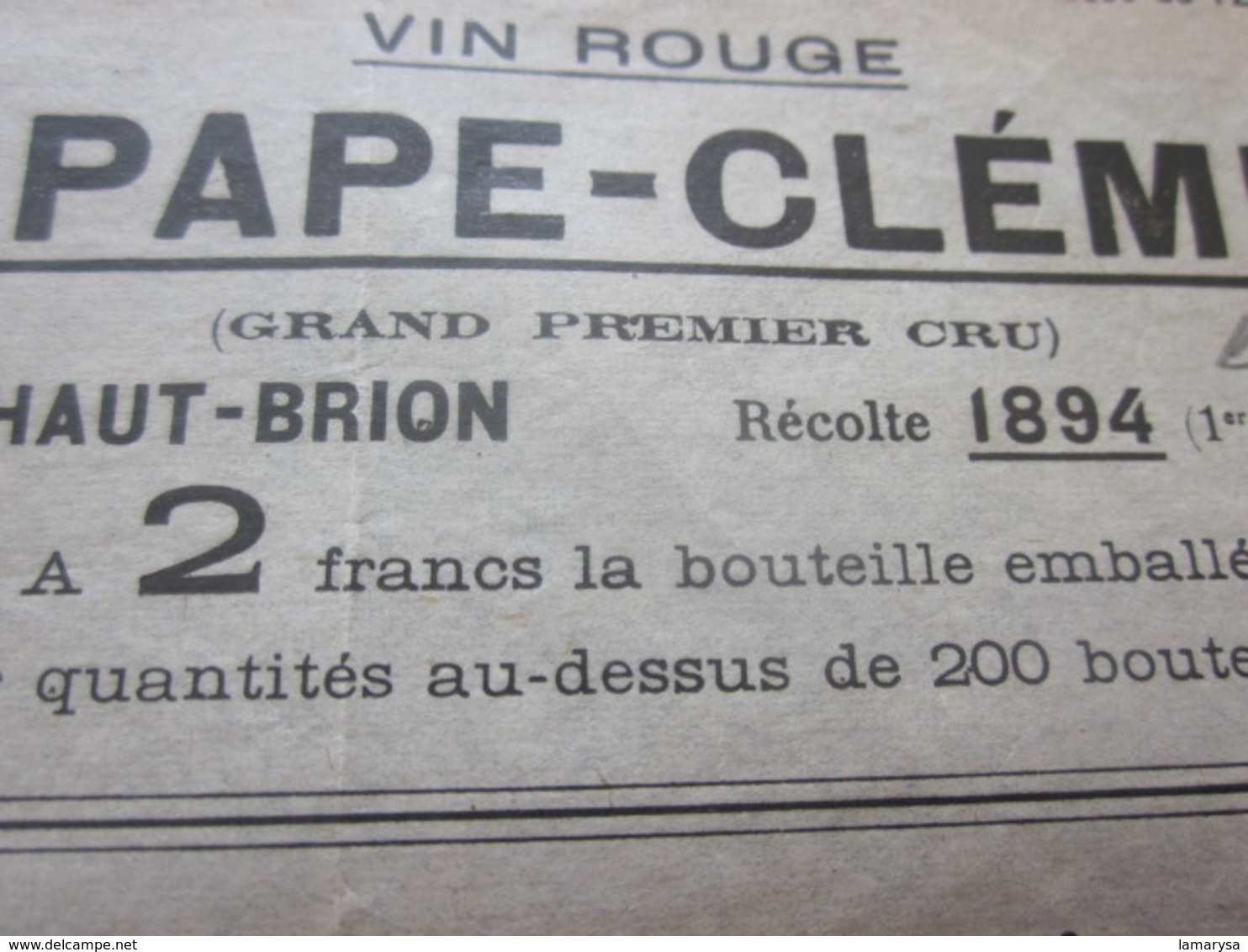 Vintage Récolte 1894 Publicité Ventes Vin Spiritueux Château Pape-Clément-Pessac-Lamothe-Sauternes Document Commercial - Publicités