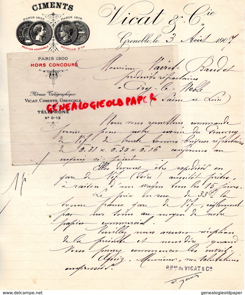 38- GRENOBLE- RARE LETTRE MANUSCRITE SIGNEE VICAT -CIMENTS CIMENT-PARIS 1900 HORS CONCOURS-1907 - 1800 – 1899