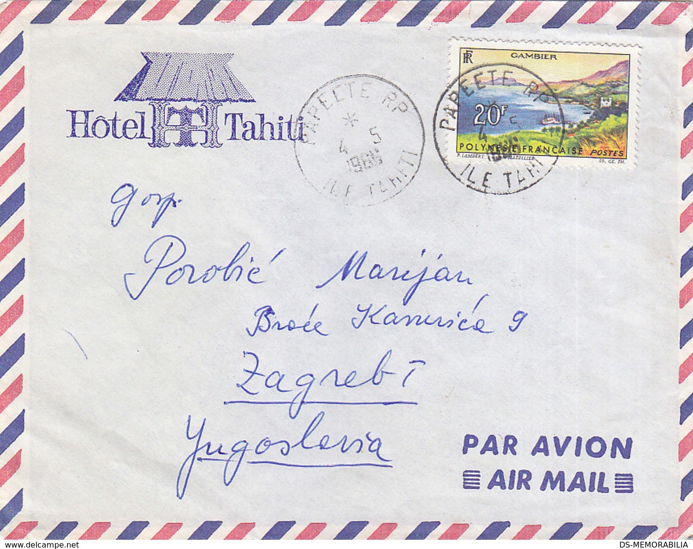 French Polynesia Hotel Tahiti Airmail Cover Sent To Yugoslavia, Papeete 1966 - Lettres & Documents