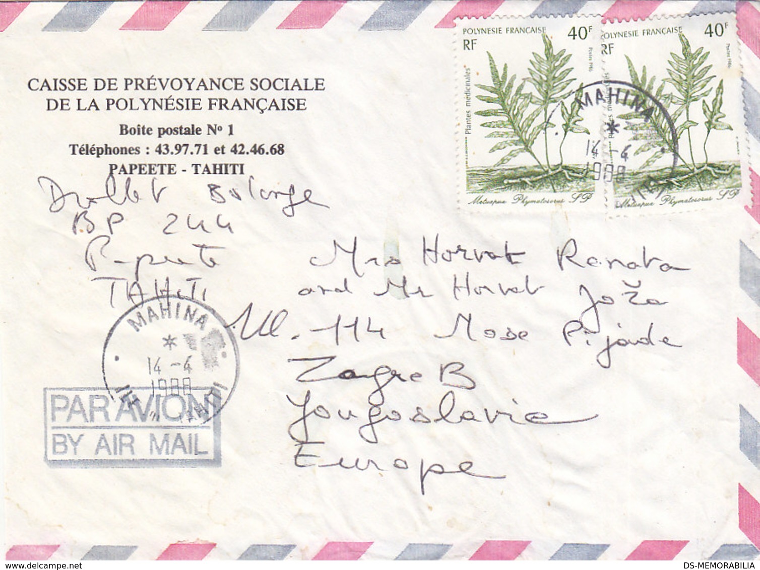French Polynesia Airmail Cover Sent To Yugoslavia , Mahina Tahiti 1988 - Lettres & Documents