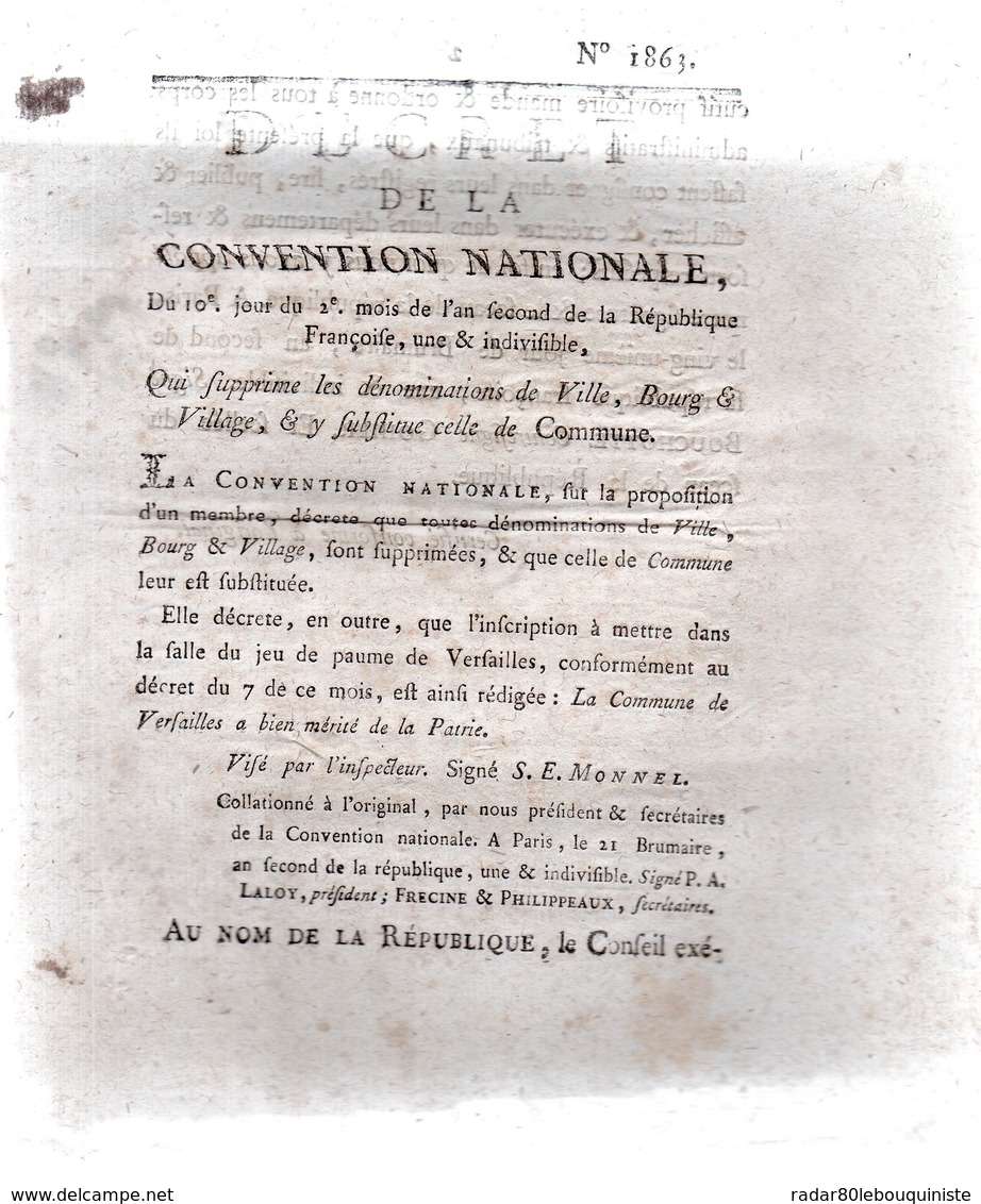 Qui Supprime Les Dénominations De Ville,bourg & Village,& Y Substitue Celle De Commune .2 Pp.1793-94 - Décrets & Lois