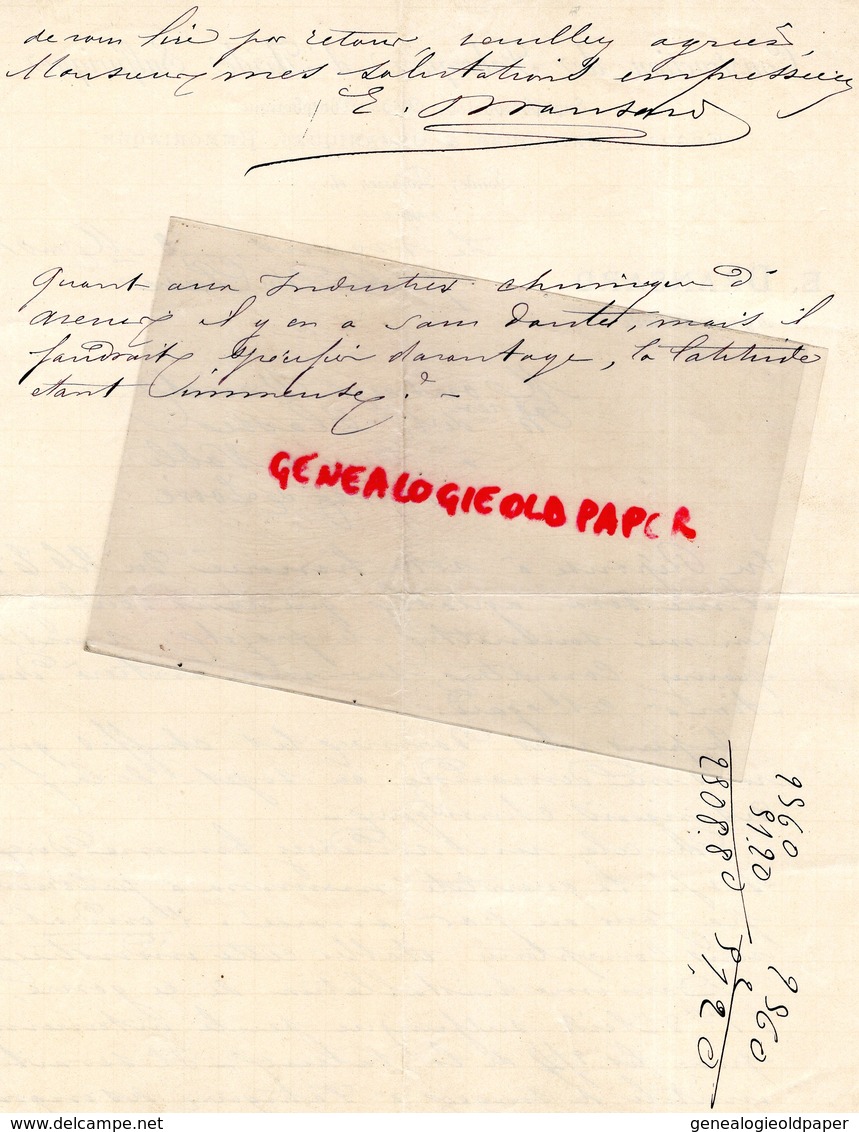 72- LE MANS- RARE LETTRE MANUSCRITE SIGNEE E. DRANSARD- CONSTRUCTION FABRIQUE ACIDE SULFURIQUE-CHIMISTE-1892 - 1800 – 1899