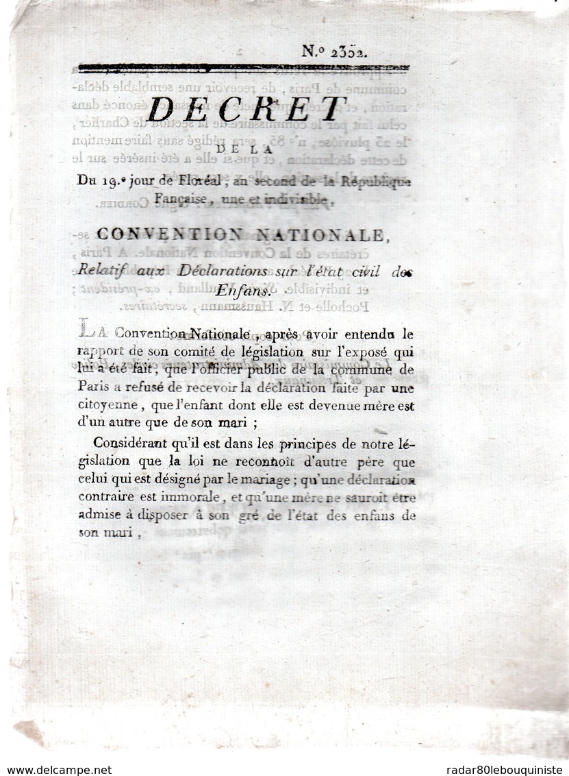 Relatif Aux Déclarations Sur L'état Civil Des Enfans..2 Pp.1793-94 - Décrets & Lois