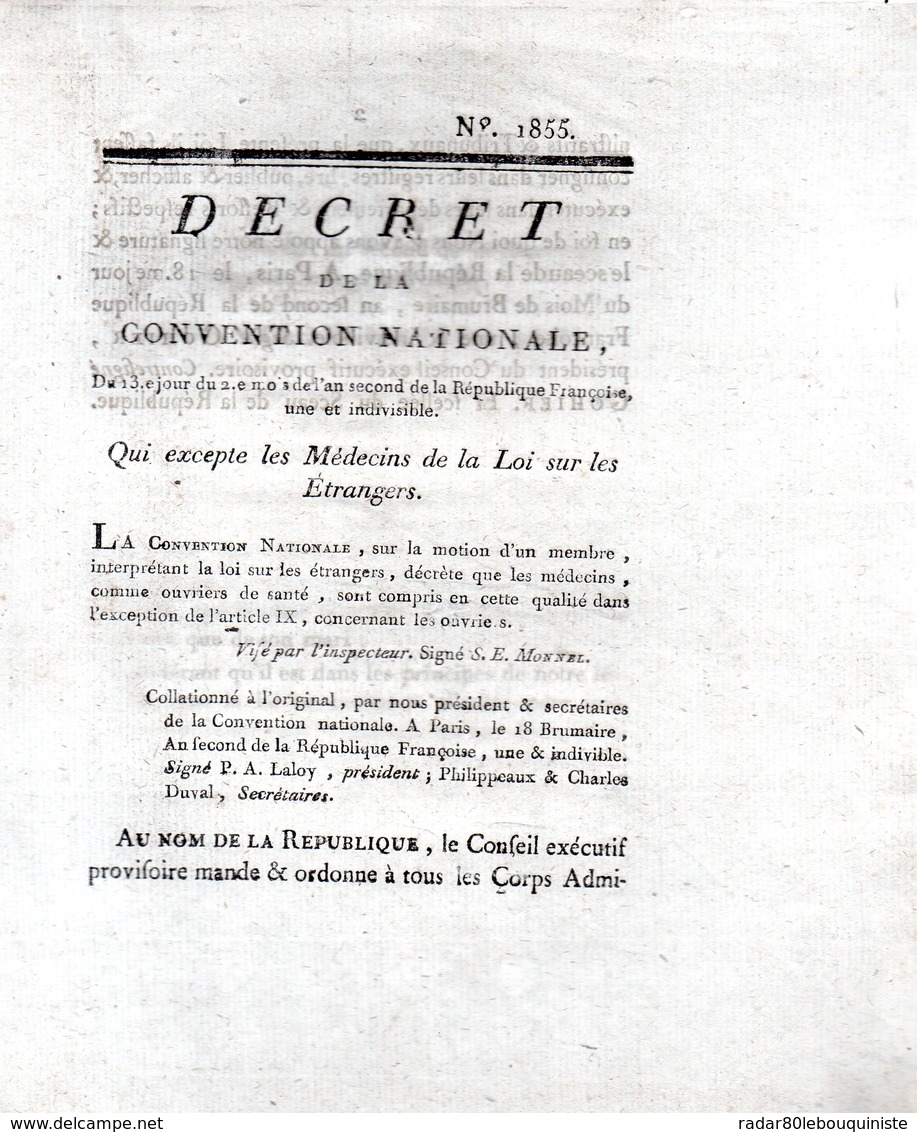 Qui Excepte Les Médecins De La Loi Sur Les étrangers..2 Pp.1793-94 - Décrets & Lois