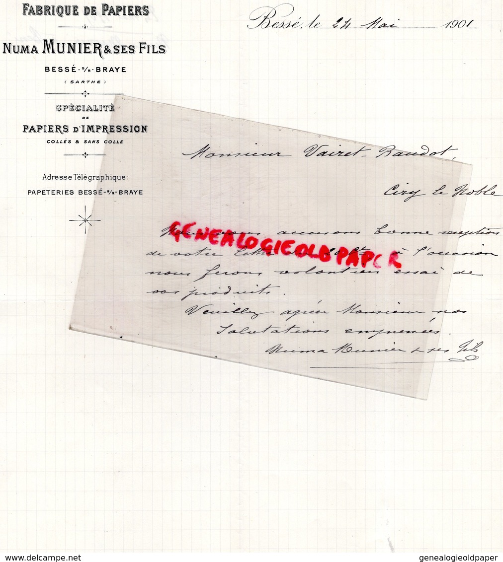 72- BESSE SUR BRAYE- RARE LETTRE MANUSCRITE SIGNEE NUMA MUNIER & FILS- FABRIQUE PAPIERS- PAPETERIE-1901 - Druck & Papierwaren