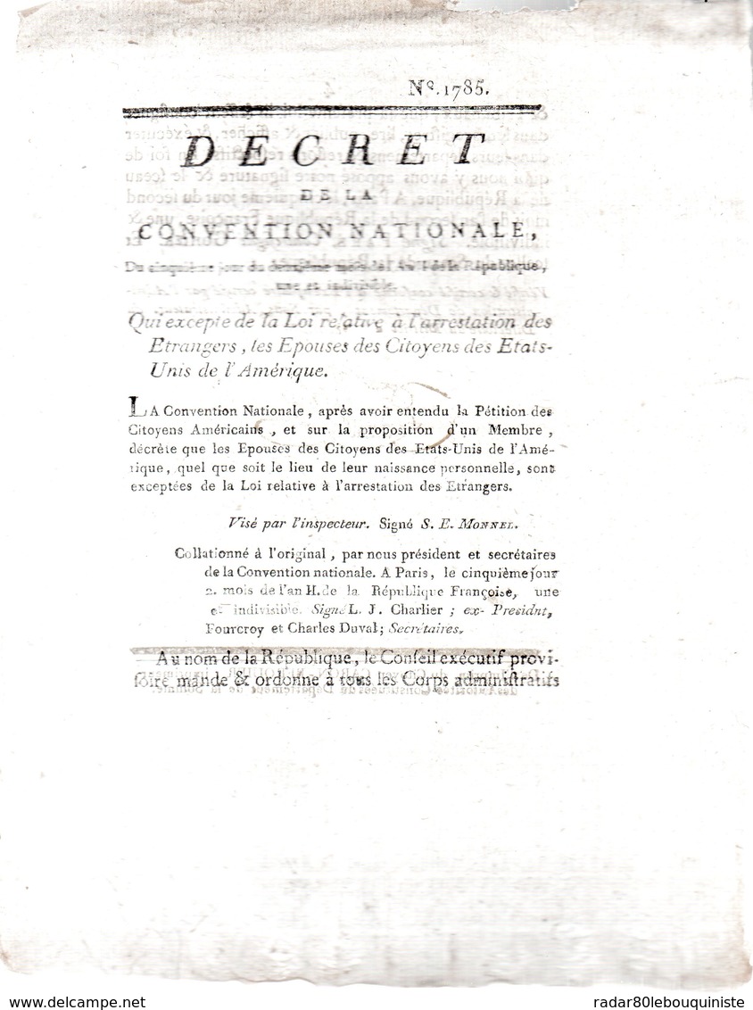 Qui Excepte De La Loi Relative à L'arrestation Des étrangers,les épouses Des Citoyens Des états-unis ..2 Pp.1793-94 - Décrets & Lois