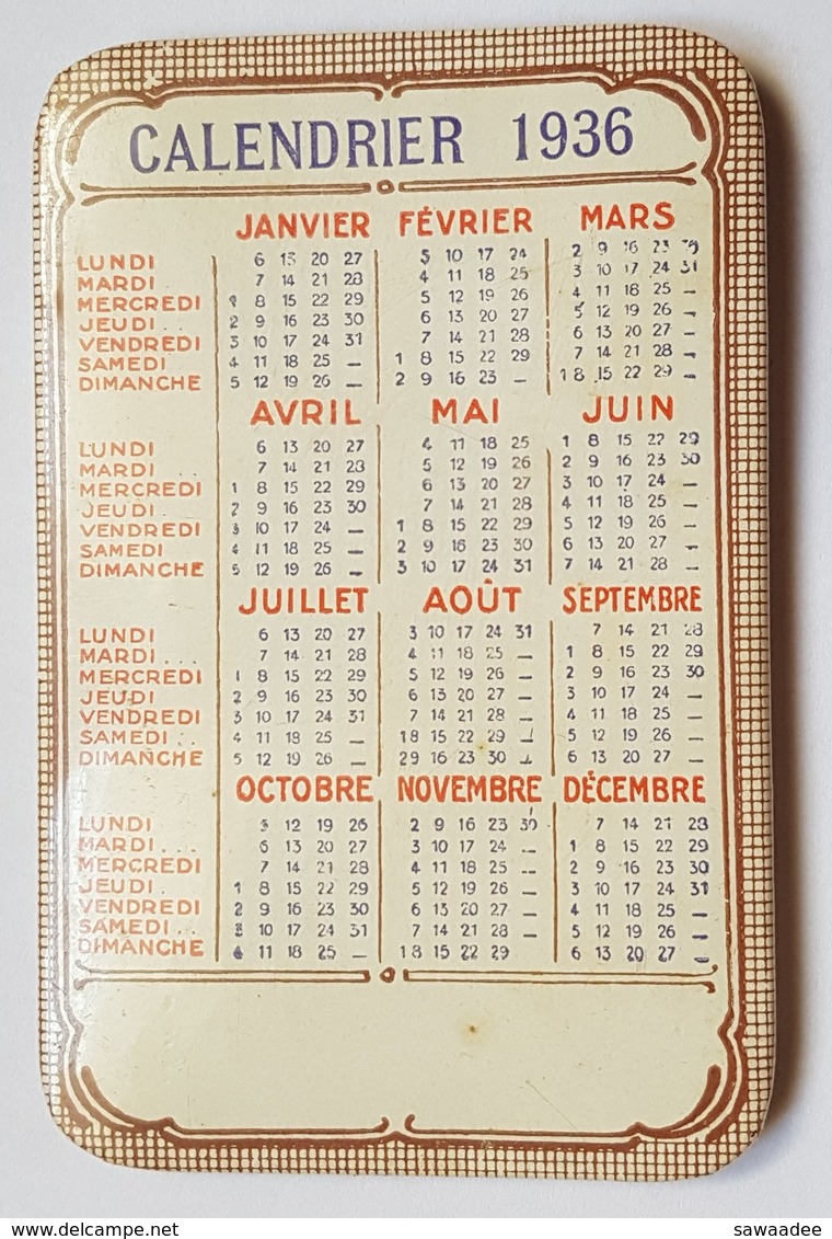 MIROIR DE POCHE - CALENDRIER 1936 - METAL - SANS PUBLICITE - Autres & Non Classés