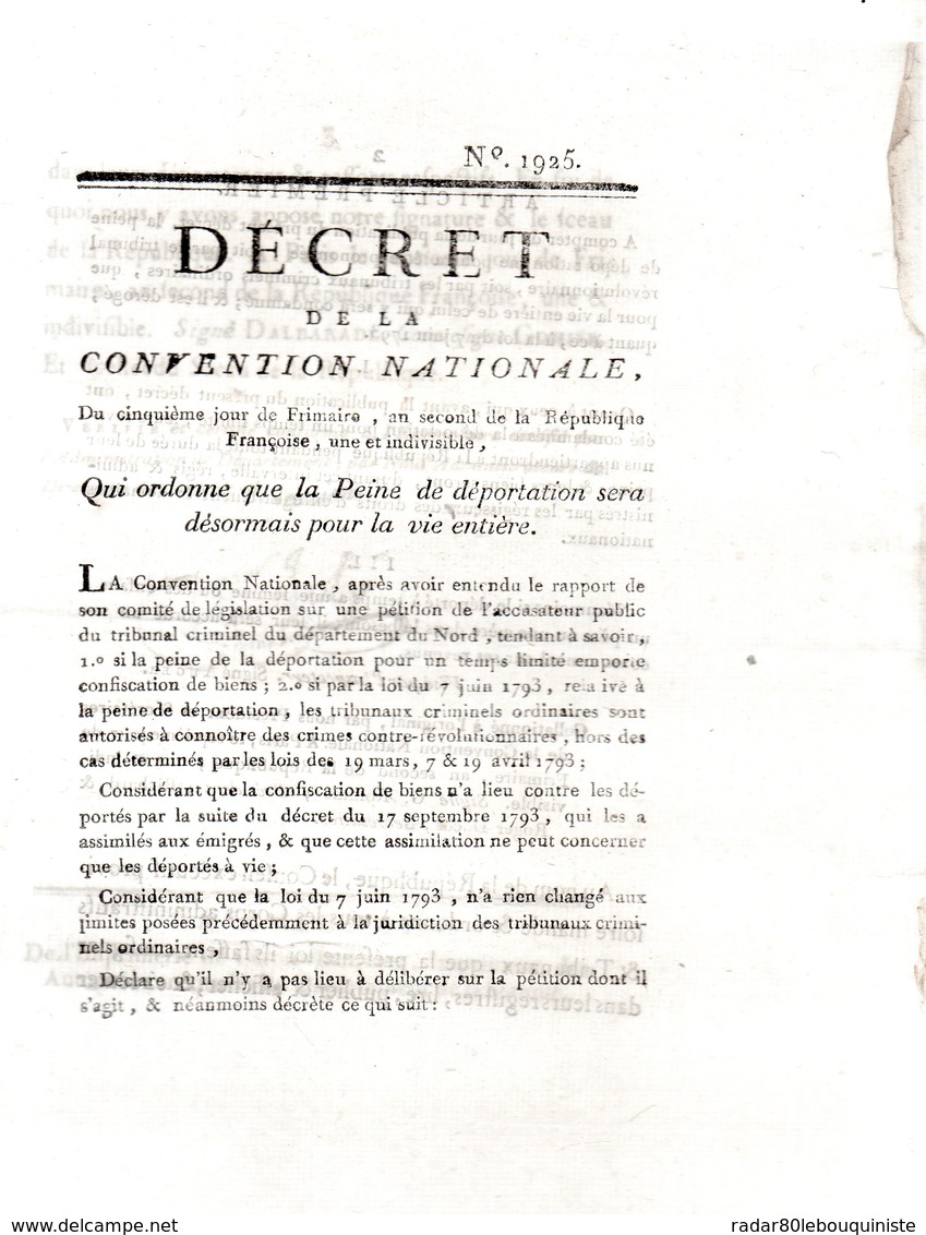 Qui Ordonne Que La Peine De Déportation Sera Désormais Pour La Vie Entière..3 Pp.1793-94 - Décrets & Lois