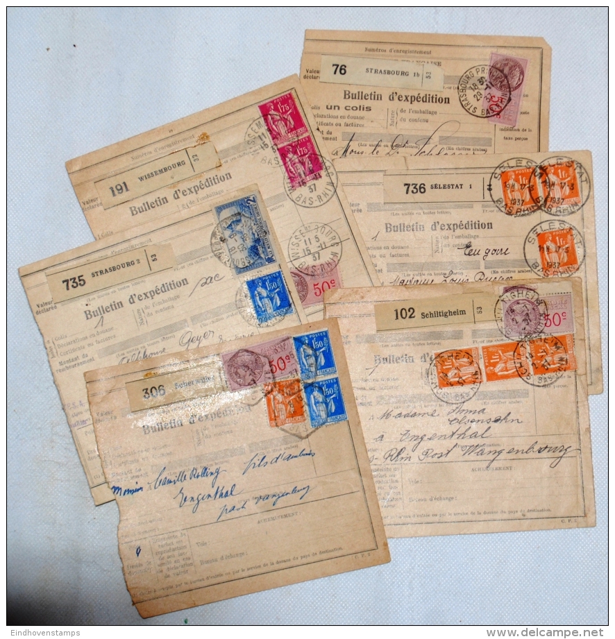 France, 1936-37 étiquettes Postale De Scherwiller, Schiltigheim, Selestat, Wissembourg, Strasbourg 6 Bulletin D'Expédit. - Covers & Documents