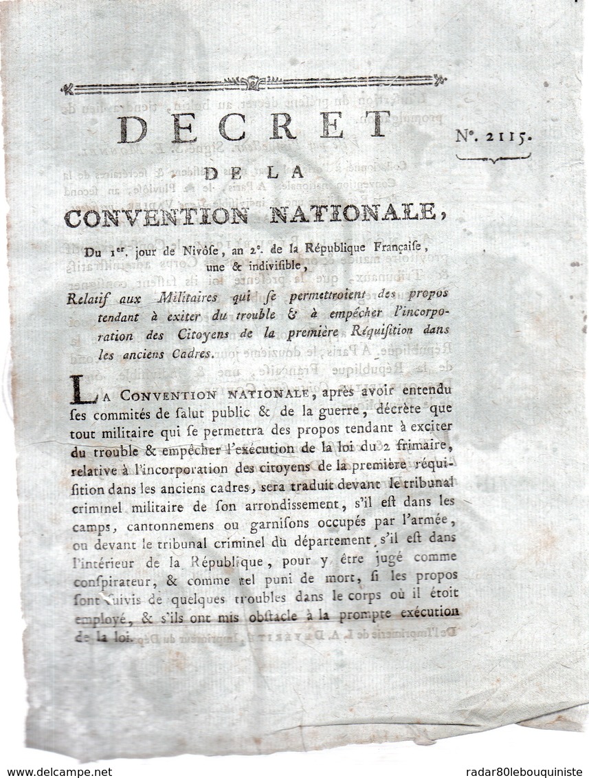 Relatif Aux Militaires Qui Se Permettroient Des Propos Tendant à Exiter Du Trouble..1793-94 - Décrets & Lois