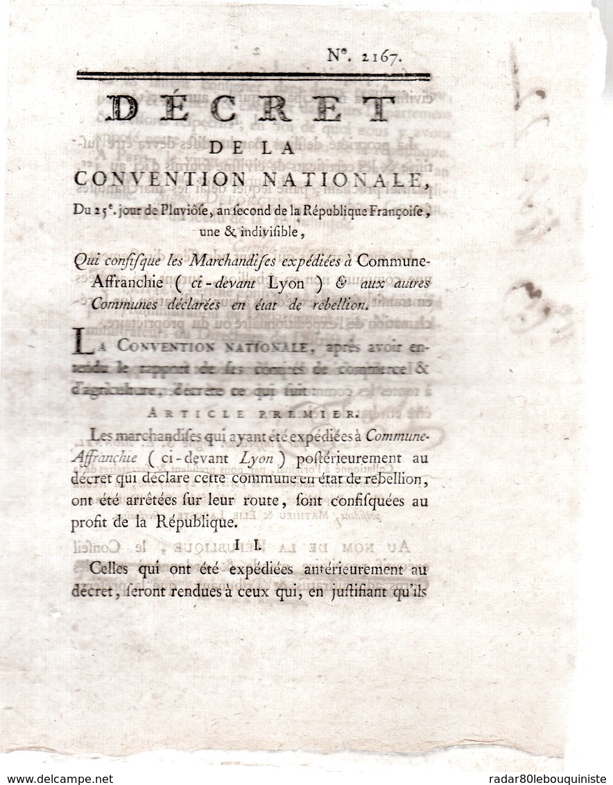 QUI CONFISQUE LES MARCHANDISES EXPEDIEES A  COMMUNE-AFFRANCHIE.(ci-devant  LYON.3 Pages..1793-94.AMIENS - Décrets & Lois