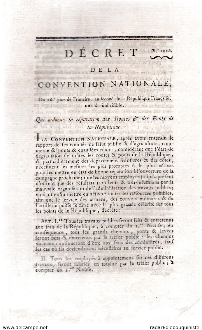 QUI Ordonne La Réparation Des Routes & Des Ponts De La République.4 Pages..1793-94.Paris - Décrets & Lois