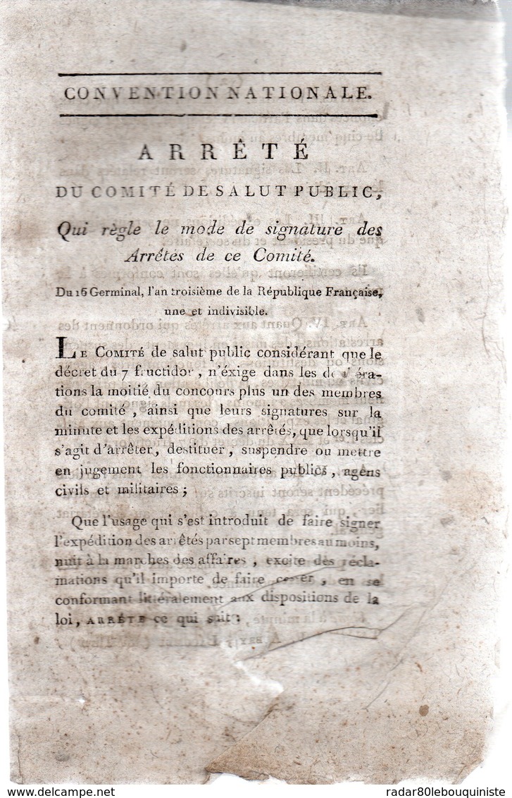 Arrêté Du Comité De Salut Public.qui Règle Le Mode De Signature Des Arrêtés De Ce Comité.3 Pages..An 3.AMIENS - Décrets & Lois