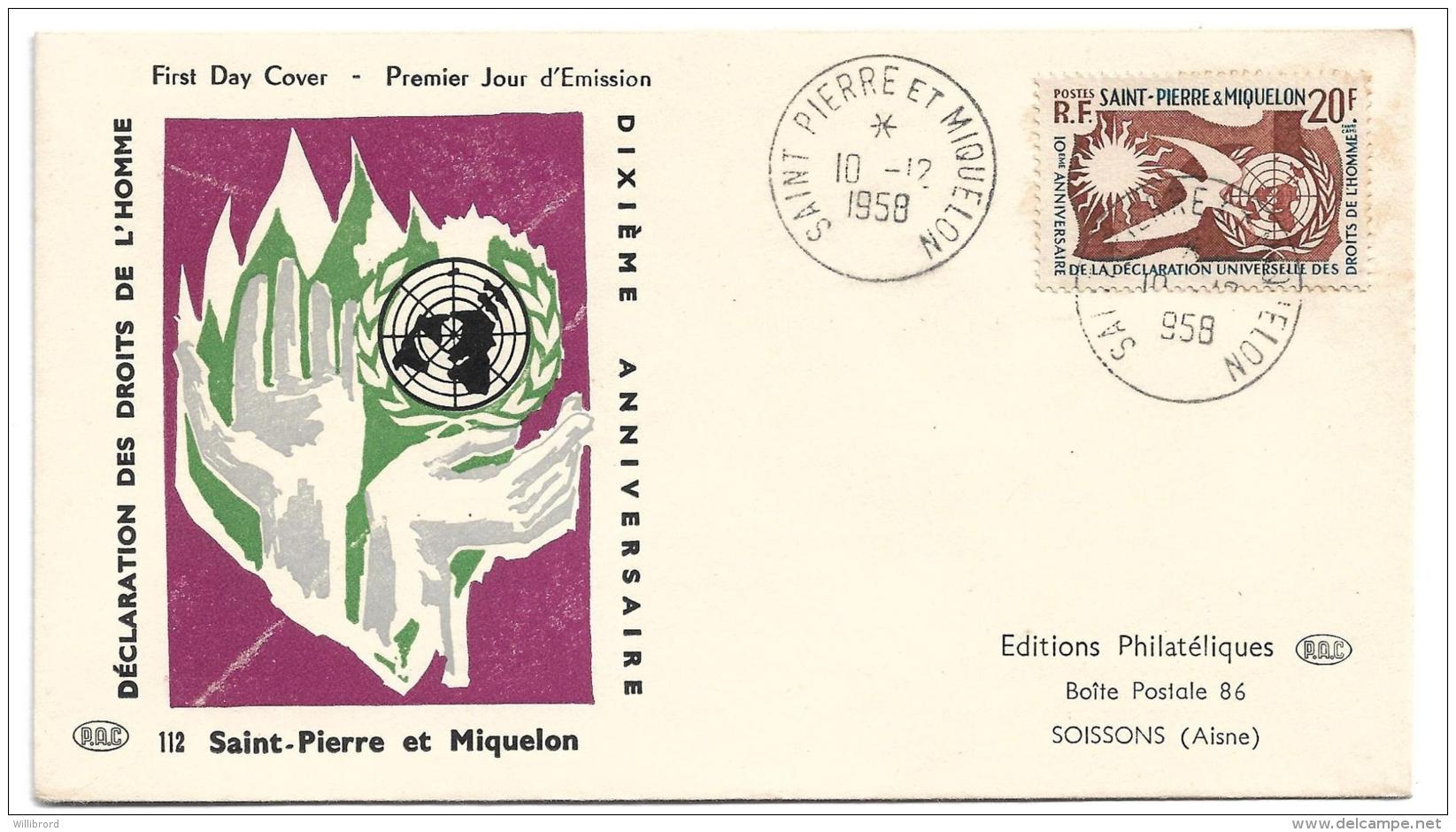 St. Pierre &amp; Miquelon -  1958 20F Human Rights Issue - FIRST DAY COVER - Covers & Documents