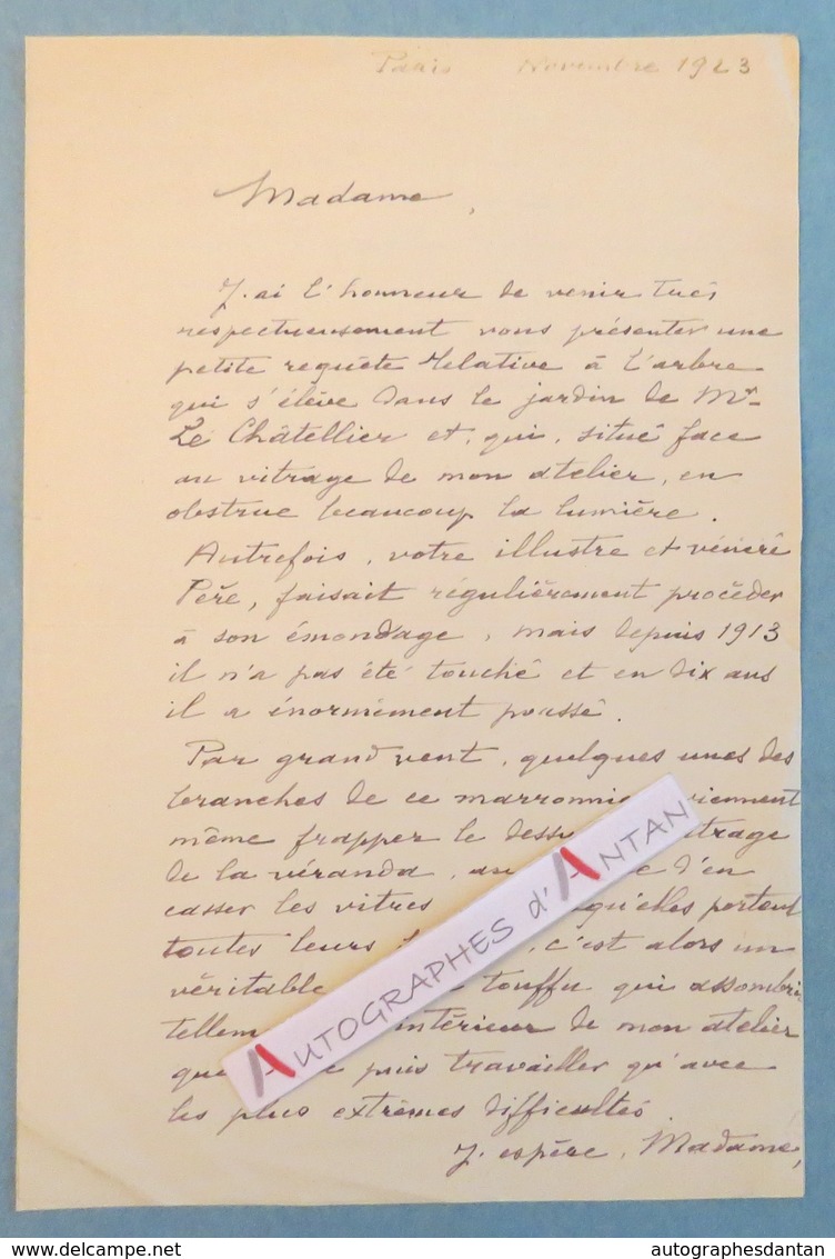 L.A.S 1923 Louis ROGER Peintre Grand Prix De Rome - Mr Le Châtellier Suite Pb Lumière Atelier - Lettre Autographe - Autres & Non Classés